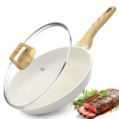 GiPP Nonstick Frying Pan Skillet with Lid - 28cm White Granite Non Stick Pans, Omelette Pan with Heat-Resistant Handle, Compatible with All Stovetops,