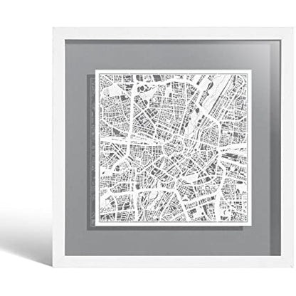 O3 DESIGN STUDIO Munich Marco de Papel para mapas, White map, White frame, 9x9 inches, Gift Boxed, 4 background color, self-changing, Paper Art