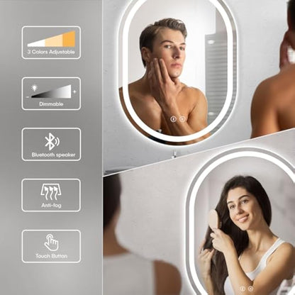 Dripex 600 x 800 mm Bluetooth Oval Bathroom LED Mirror, Illuminated Backlit Wall Mounted Bathroom Mirror with Demister, Anti-fog, 3 Lighting Modes, Dimming Light, IP44