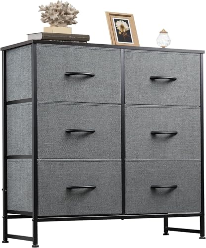 WLIVE Chest of Drawers, 6 Fabric Drawers Cabinet with Easy Pull Handle, Wood Top and Sturdy Steel Frame for Bedroom, Living Room, Black Walnut