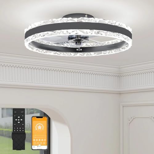VOLISUN Ceiling Fans with Lights and Remote, 40cm Modern Smart LED Ceiling Fan Light, 6 Speeds and 3000K-6500K Dimmable Quiet Fan Ceiling Lights for Bedroom Living Room Dining Room (Black)