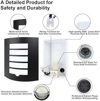 Allesgute Outdoor Wall Lights with PIR Motion Sensor, Curved Outside Lights Mains Powered Black IP44 Waterproof Wall Lamp Incl.E27 LED Bulbs 12W Warm White for Front Door Porch Stairway