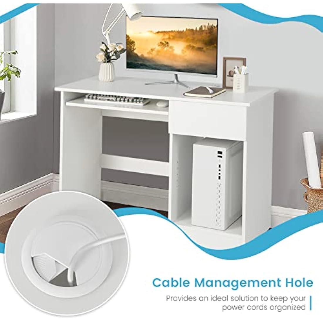 CASART Computer Desk, Home Office Laptop Table Writing Desk with Drawer, Adjustable Shelf & Keyboard Tray, Compact Study Desk Computer Workstation for Small Space (White)