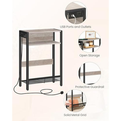CHOEZON Side Table with Charging Station, Narrow End Table, Slim Nightstand for Small Space, Skinny Beside Table with Storage, for Living Room, Bedroom, Greige and Black DTBZ05KBH
