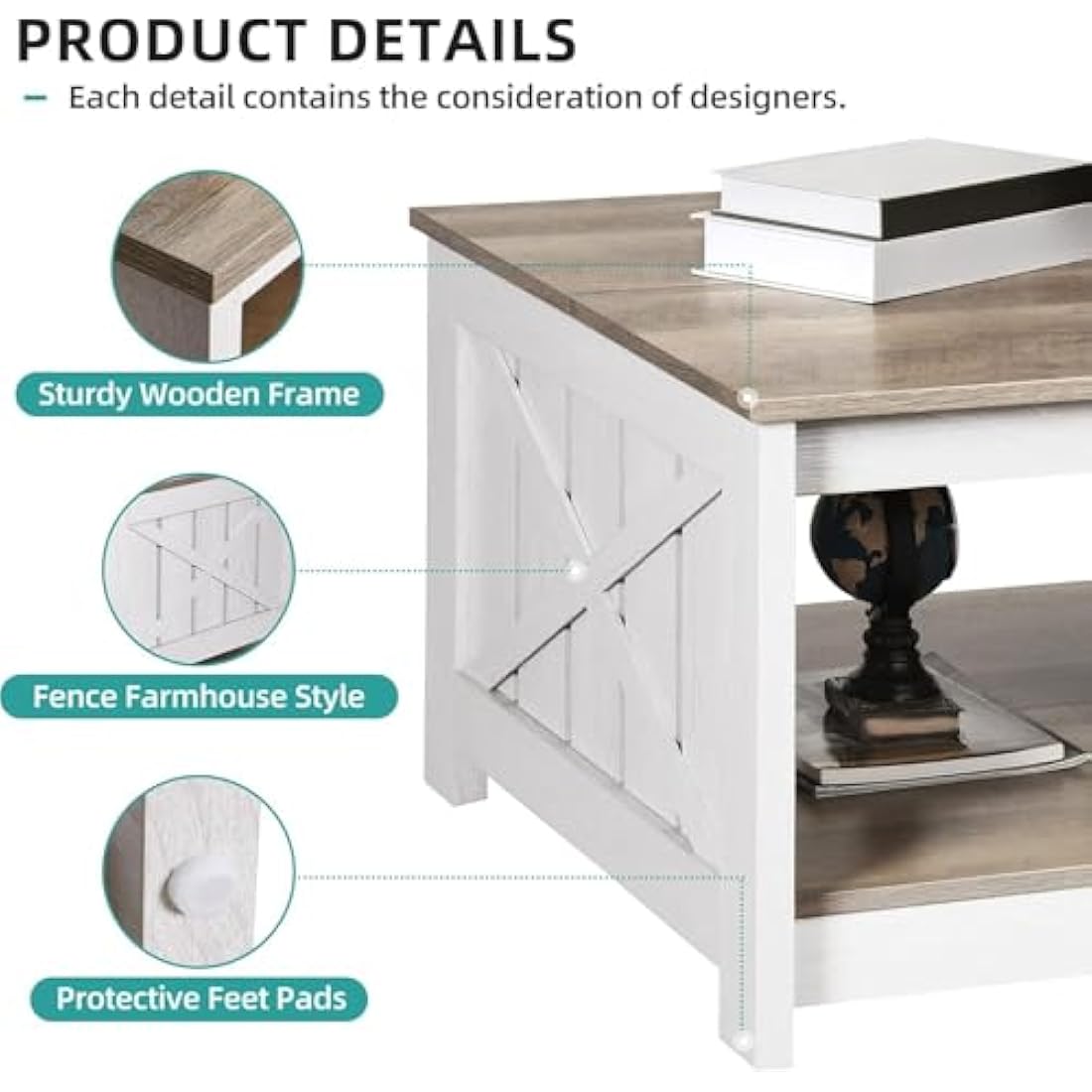 YITAHOME Coffee Table with Storage,Square Wood Modern Rustic Coffee Table for Living Room,Farmhouse Grey Wash Coffee Tables with Half Open Storage Compartment