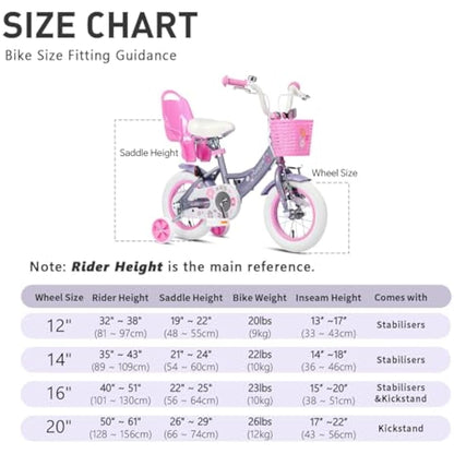 Glerc Maggie 12 Inch Kids Bike for 2-13 Years Old, Girls Bicycle with Doll-Seat & Basket & Stabilisers & Kickstand, Multiple Colors