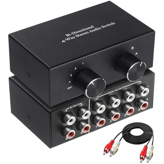 UNSTINCER RCA L/R Audio Switch 4(2) in-2(4) out, Bidirectional Noiseless hifi Stereo Audio Splitter Box, Analogue Aux Line Selector for Headphone Game Console Soundbar TV Speaker Turntalbe, Metal