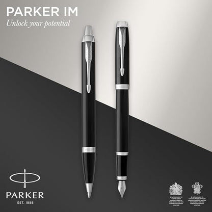 Parker IM Duo Pen Gift Set | Fountain Pen, Ballpoint Pen & Pen Pouch | Black Lacquer Finish with Chrome Trims | Medium Tip | Blue Ink Refills | Perfect Graduation Gifts