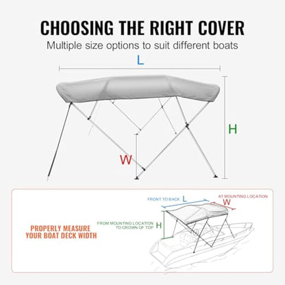 VEVOR 4 Bow Bimini Top Boat Cover, 900D Polyester Canopy with 1" Aluminum Alloy Frame, Waterproof and Sun Shade, Includes Storage Boot, 2 Support Poles, 4 Straps, 8'L x 54"H x 91"-96"W, Light Grey