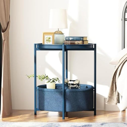 Huhote Side Table, Round End Table with Fabric Basket, Small Bedside Table, Nightstand Sofa Table for Living Room, Bedroom, Bathroom, Balcony, Modern Style (Blue)