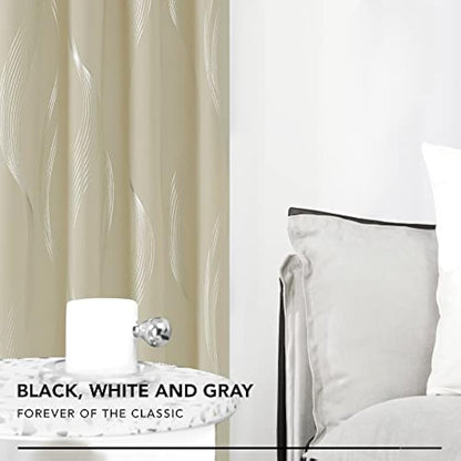 Deconovo Soft Wave Line Foil Printed Blackout Curtains Thermal Insulated Curtains Eyelet Energy Efficiency Room Darkening Curtains for Bedroom 46 x 72 Inch Beige Two Panels
