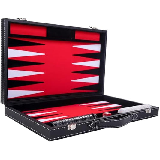Engelhart - 250510 - Large Luxury Backgammon 18 Inches - Black - 45 cm - Faux Leather - Felt Inlay - Pearl Dice & Chips + 2 Cups - Strategy Game - Pro & Leisure
