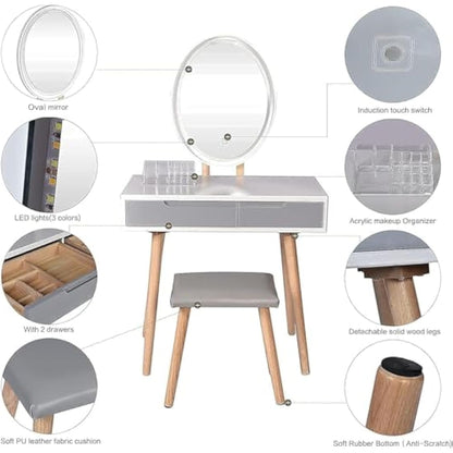 YOURLITE Dressing Table with LED Lights Mirror - White Vanity Makeup Table Set with Adjustable Brightness Mirror, Cushioned Stool and Free Make-up Organizer (White+Grey+Oval Mirror)