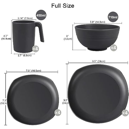 Greentainer Unbreakable Lightweight Dinnerware Sets, Plastic Dinner Set, 4 Dining Plates, 4 Bowls, 4 Cups, Microwave and Dishwasher Safe, Camping Tableware for Kids and Adults, Service for 4(Grey)