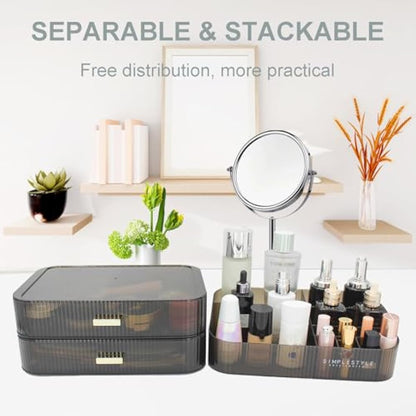 Womanht Makeup Organizer with 2 Drawers, Cosmetics Organizer for Bedroom and Bathroom Vanity Countertops, Large Capacity Cosmetic Storage Box for Skincare Cream Perfume Lipstick Dresser Counter-Black