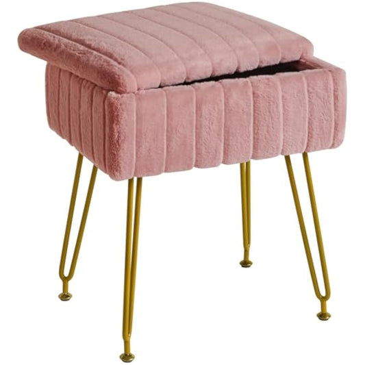IBUYKE Stool Chair with Storage Space, Footrest Footstool Ottoman, Small Side Table, with 4 Metal Legs, with Anti-Slip Feet, for Makeup Room, Bedroom, Faux Fur, Pink L/G-50P