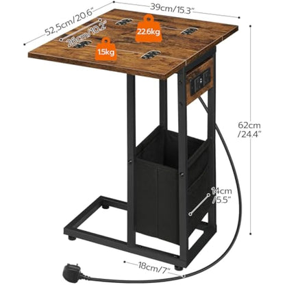 HOOBRO Bedside Table with Charging Station, C Shaped Side Table, Foldable Sofa Side Table Small Tables, 2 USB Ports and 2 AC Outlets, Laptop Table with Fabric Bag, Rustic Brown and Black EBF30KSF01