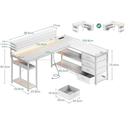ODK Corner Desk with Drawers, L Shaped Gaming Desk with LED Lights & Power Outlets, Reversible Computer Desks for Home Office Workstation, Office Desks with Monitor Shelf, 135×110 cm, White