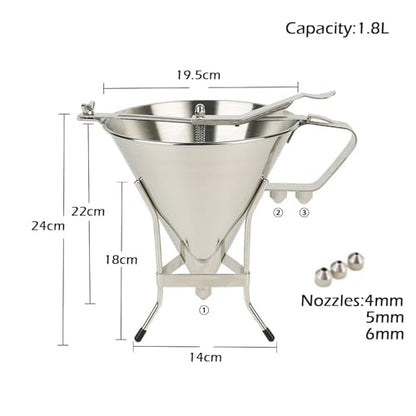 uyoyous Stainless Steel Piston Funnel Confectionery Funnel with Stand 1.8L Baking Dispenser funnel with Three Nozzles for Baking Cake Desserts Making Bakery Use