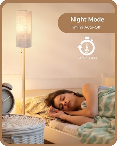EDISHINE Floor Lamp, Standing Lamp with Square Linen Lampshade, Floor Lamps for Living Room, Bedroom, 165cm, E27 Socket(9W LED Dimmable Bulb Included), Magnetic Remote Control, Gold