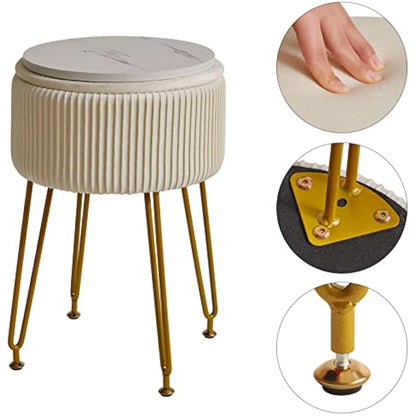 IBUYKE Velvet Storage Footrest Stool Ottoman, Makeup Vanity Stool Side Table with Golden Steel Legs Removable Cover, Coffee Table Top Cover, Creamy-White L/G-20M