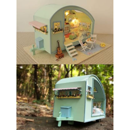 CUTEROOM Miniature Dolls House Kits, Diy Wooden Dolls House Handcraft Miniature House Kit Caravan, Time Travel Model House Kit with Furniture