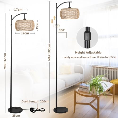 Rayofly Arc Floor Lamp for Living Room, Dimmable Floor Lamps with Remote Control, Boho Standing Lamp with Rattan & Linen Double Shades, Black Reading Tall Lamp for Bedroom Office, 9W LED Bulb Included