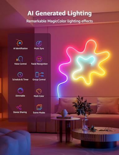 Lepro N1 AI Smart Rainbow Neon Light Strip 6M, 96 LEDs/M, Work with Alexa, Google Home, Music Sync, AI Lighting Design Assistant, IP65 Rope Light, MagicColor LED Light, App & Voice Control, No Remote