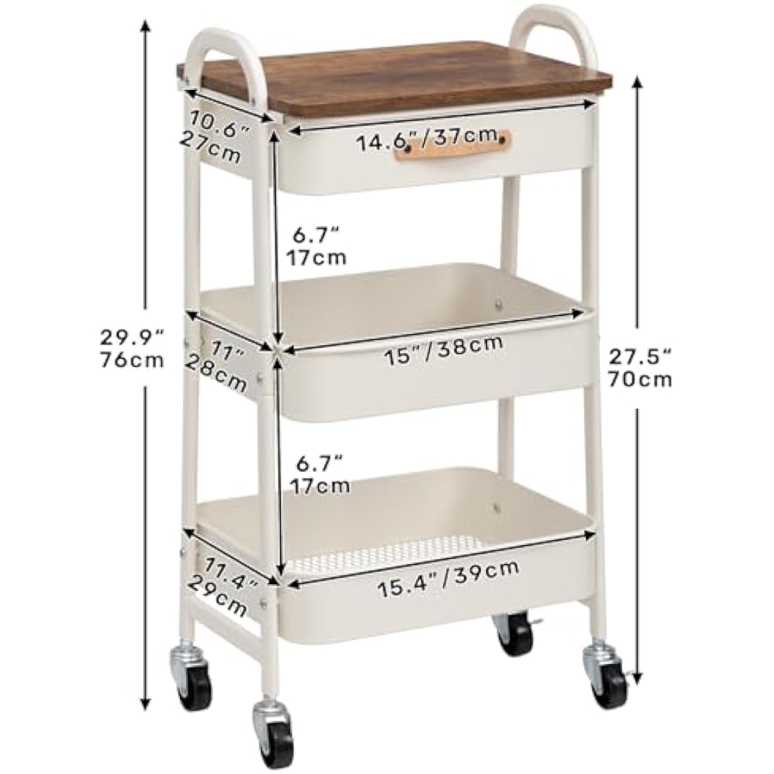 DOEWORKS Storage Trolley on Wheels Metal 3-Tier Trolley Cart with Drawer Rolling Kitchen Trolleys Beauty Trolleys with Leather Handle for Room Bathroom Office, White