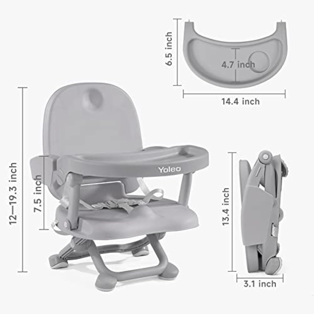 YOLEO Yoleo Portable High Chair for Babies and Toddlers, Baby Booster Seat for Dining Chair, 6 Months to 3 Years, 15 kg, Height Adjustable, with Removable Tray Grey, 1.0 Count