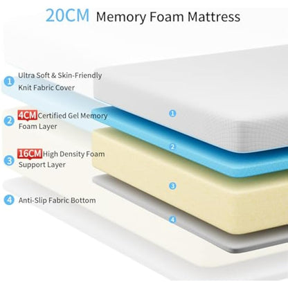 wowttrelax Memory Foam Mattress, 3FT Single Mattress, Medium Firm, Soft Skin-friendly Durable, Breathable Comfort Sleep, Back Pain Support (90x190x20cm)