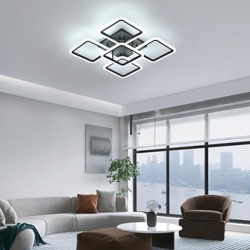 Comely LED Ceiling Light, 61W 7000LM Black Ceiling Lamp Modern, 5 Square Chandeliers 6500K Lighting Fixture for Living Room, Kitchen, Hallway, Dining Room, Bedroom