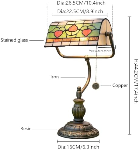 Blivuself Tiffany Style Heart Bankers Table Lamp Stained Glass Vintage Bedroom Bedside Study Pull Chain Reading Desk Lamps Office Nightstand Aesthetic Antique Green Banker'S Lamp Work Light Desklamp