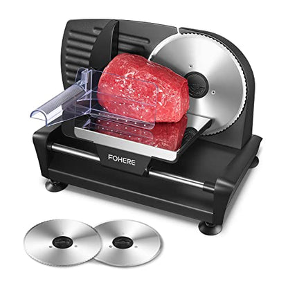 FOHERE Electric Meat Slicer Machine 200W for Home Use, with 2 Removable Stainless Steel Blade(Smooth/Serrated) and Food Pusher, Safety Switch, 0-15mm