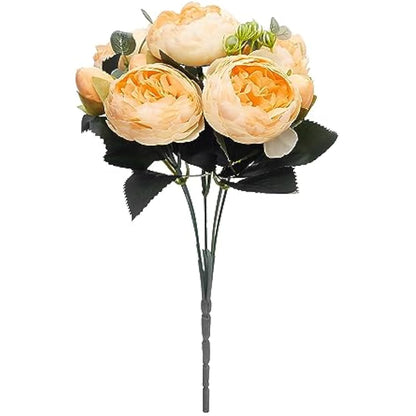 The Baked Studio - Silk Peony and Tea Rose Artificial Bouquet 9 Heads Realistic Fake Plant for DIY Craft Cake Living Room Home Wedding Decoration (YELLOW)