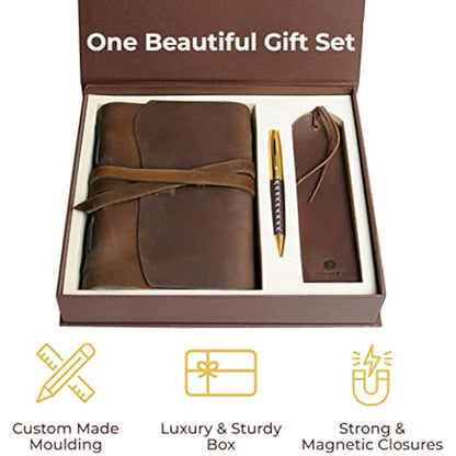 Leather Journal Gift Set Handmade Antique Leather Bookmark + Pen, Rustic Writing Notebook Present With Box Unlined Bound Daily Notepad For Men & Women, Travel Diary Ideal To Write In 18x13cm