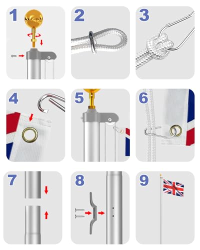 ZMTECH 20FT Sectional Flag Pole Kit for Outside, Aluminium Garden Flag Pole Stand with 2 Flags, Rope and Clips for Festival, Yard, House, Residential