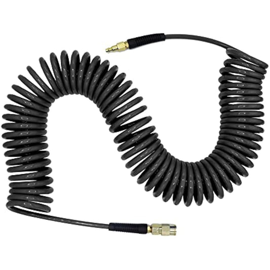 YOTOO Air Compressor Hose Polyurethane Recoil 15m Long 6mm ID x 9.5mm OD with Bend Restrictor, 1/4" Europe Quick Coupler and Plug, Gray