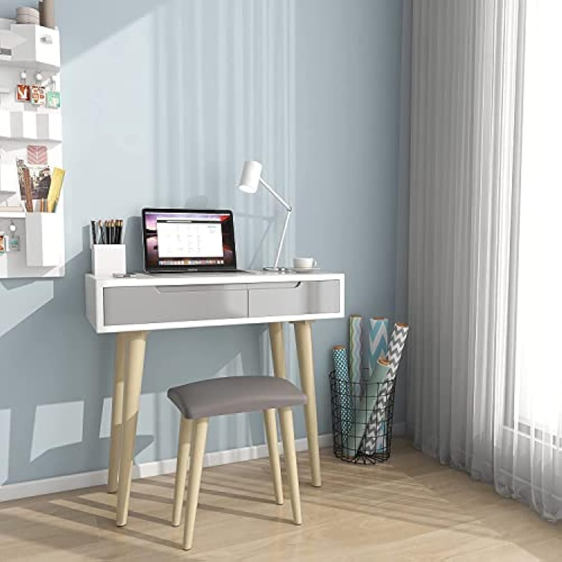 YOURLITE Dressing Table with LED Lights Mirror - White Vanity Makeup Table Set with Adjustable Brightness Mirror, Cushioned Stool and Free Make-up Organizer (White+Grey+Oval Mirror)