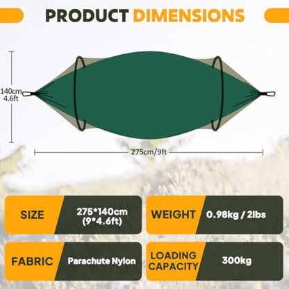 NATUREFUN Ultra-Light Travel Camping Hammock Pop-up Bug Net Hammock 300kg Load Capacity,Breathable,Quick-drying Parachute Nylon 2 Premium Carabiners,2 Tree Slings Included Outdoor Backpacking Hiking