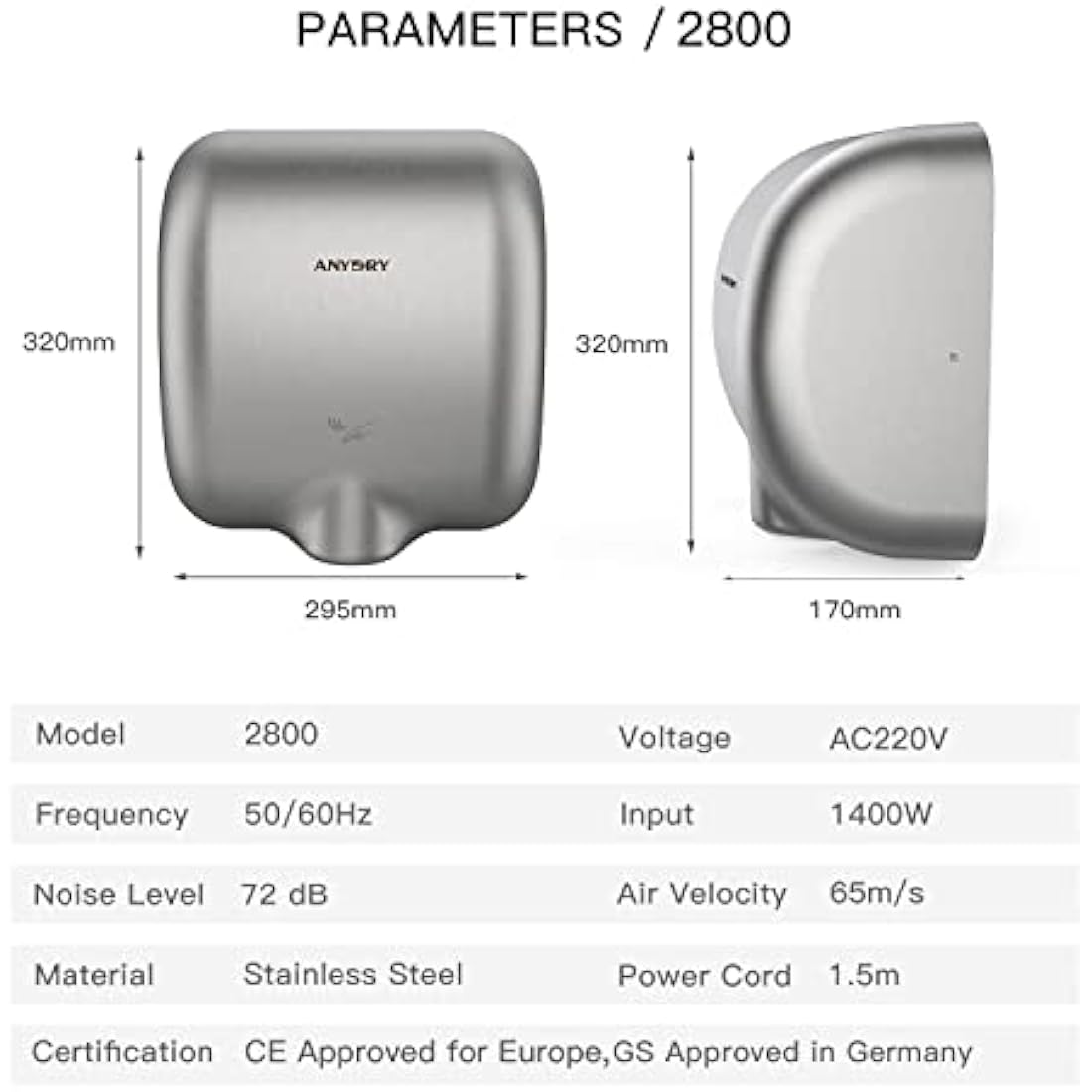 anydry 2800 Commercial Hand Dryer,Heavy Duty Stainless Steel Hand Dryers,Electric Hand Dryer For Toilet.(Brushed)