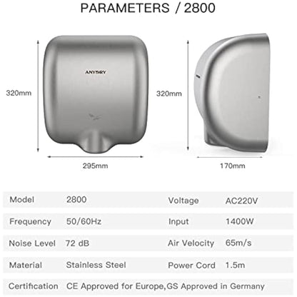 anydry 2800 Commercial Hand Dryer,Heavy Duty Stainless Steel Hand Dryers,Electric Hand Dryer For Toilet.(Brushed)