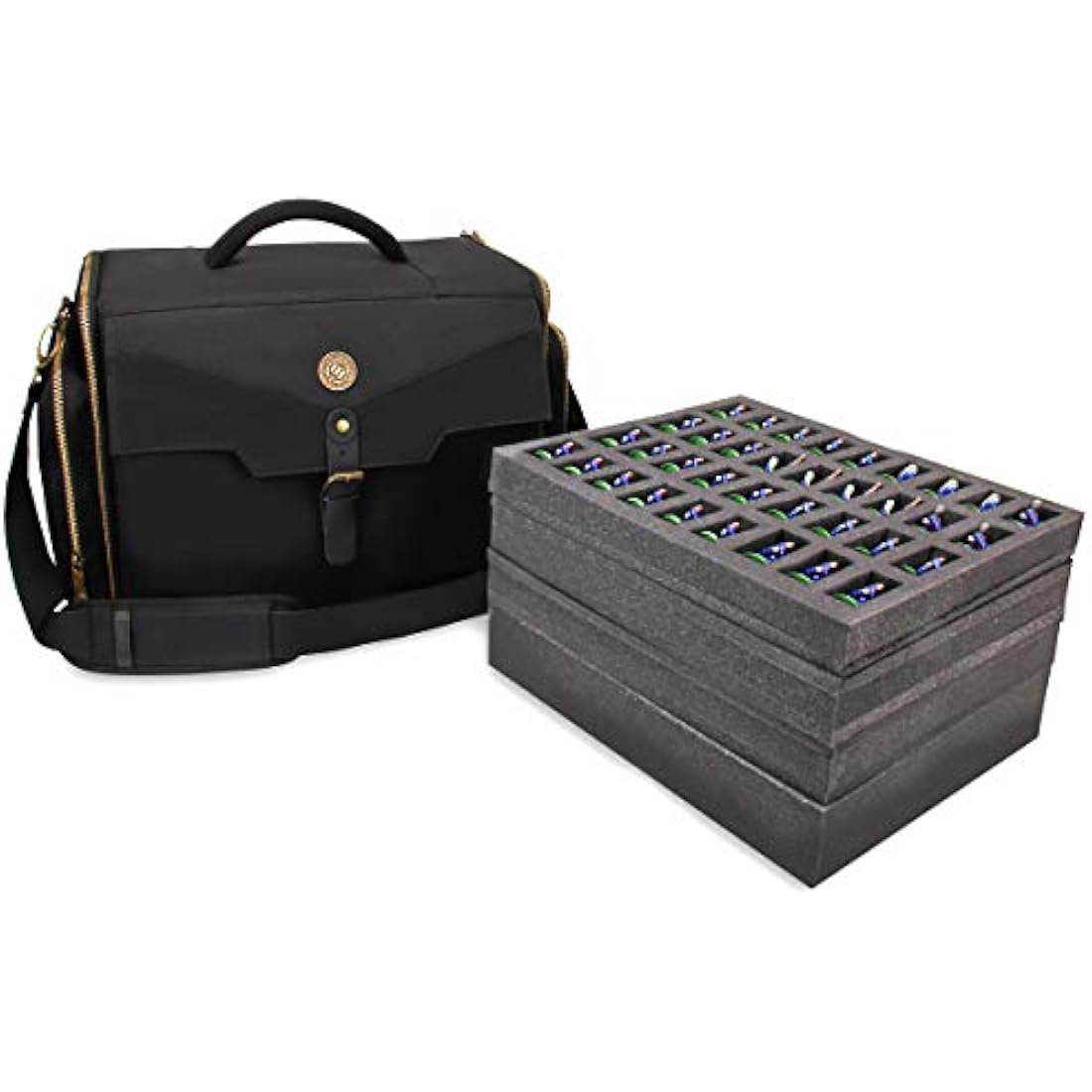 ENHANCE Portable Miniature Figure Storage and Carrying Case, 4 Foam Layers fits 108 Infantry Minis and Pick and Pluck - Book Sleeve and 2 Accessory Pockets for Measuring Tape, Dice and More