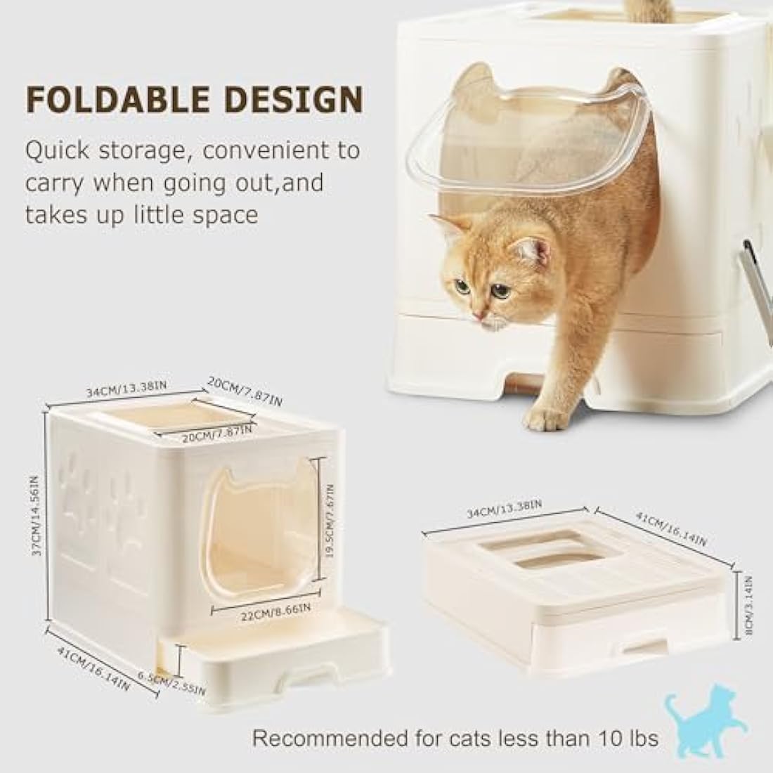 Pawsayes Cat Litter Tray Litter box with Lid for Medium and Small Cats, Foldable Top Entry Kitten Litter Box with Drawer Pan and Scoop