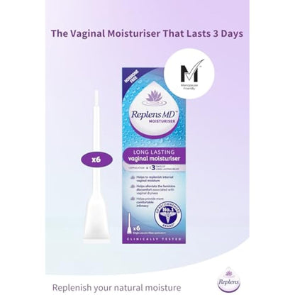 Replens Long Lasting Vaginal Moisturiser, Up to 3 days of long-lasting relief from vaginal dryness, Relieves Discomfort, Hormone Free, Clinically Tested, Pack of 6 Pre-Filled Applicators