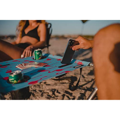 Neso Portable Beach Table with Cup Holders, Cell Phone Pockets, Lightweight for Picnics and Parks (Flamingos)