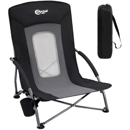 Portal Folding Beach Chairs Low Lightweight Portable for Adults Foldable Beach Seat Camping Festival Picnic Deck Chair Outdoor Collapsible with Cupholder Mesh Back Padded Armrests Supports 150KG