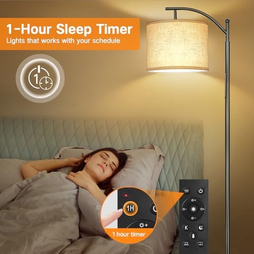 OUTON Dimmable Floor Lamp with Touch Control & Remote & App Control, 3000K-6000K Adjustable Color Temperatures, LED Tall Standing Lamp with Beige Lampshade for Living Room, Bedroom, Office, Black