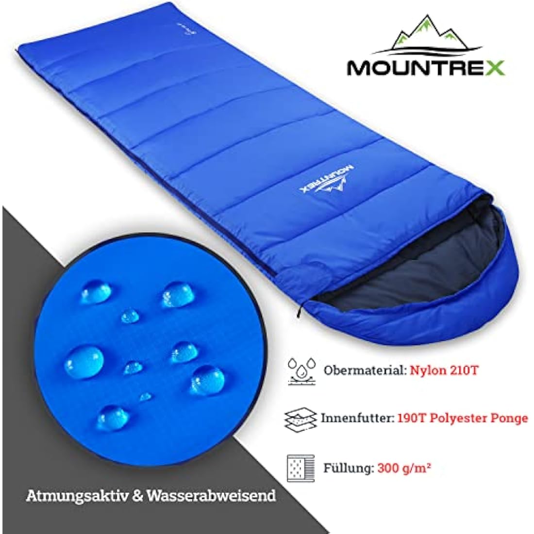 MOUNTREX® Sleeping Bag for Camping & Outdoor - Blanket Sleeping Bag (205 x 75 cm) - 3 Seasons - Lightweight, Warm & Soft (1.6 kg) - Adults, Men and Women - Can be Connected (Zip - Right, Blue)