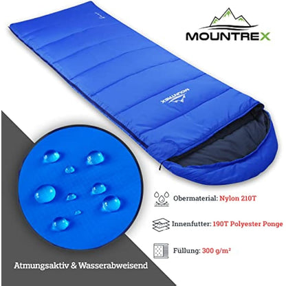 MOUNTREX® Sleeping Bag for Camping & Outdoor - Blanket Sleeping Bag (205 x 75 cm) - 3 Seasons - Lightweight, Warm & Soft (1.6 kg) - Adults, Men and Women - Can be Connected (Zip - Right, Blue)